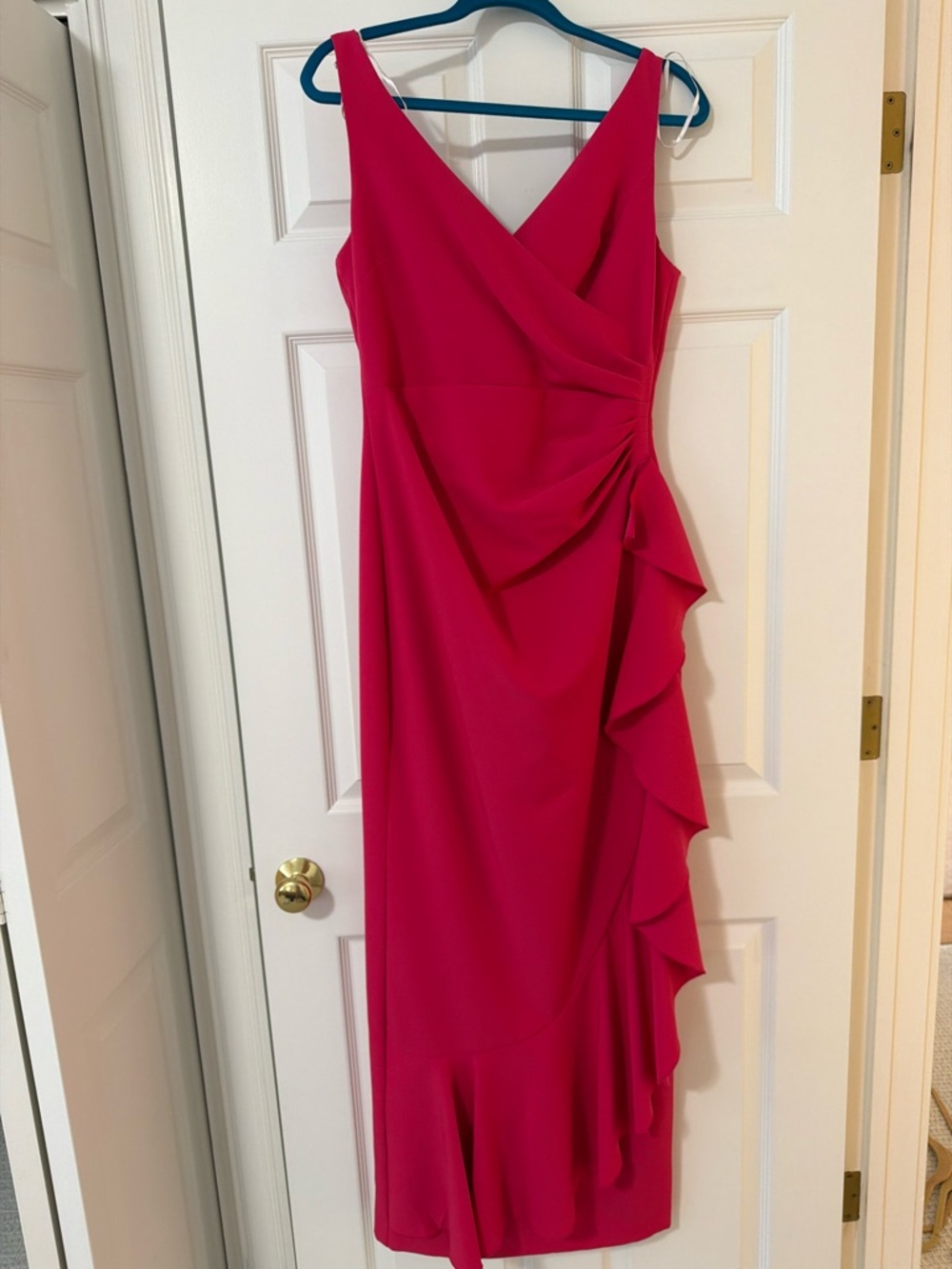 Vince Camuto Bright Pink V-Neck Ruffle Midi Dress